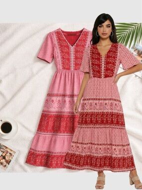 🛍️ Red Pink V-Neck Short Sleeve Tiered Boho Floral Maxi Dress Size MEDIUM